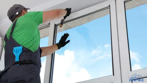 Professional window installer placing new window in Milwaukee, WI home